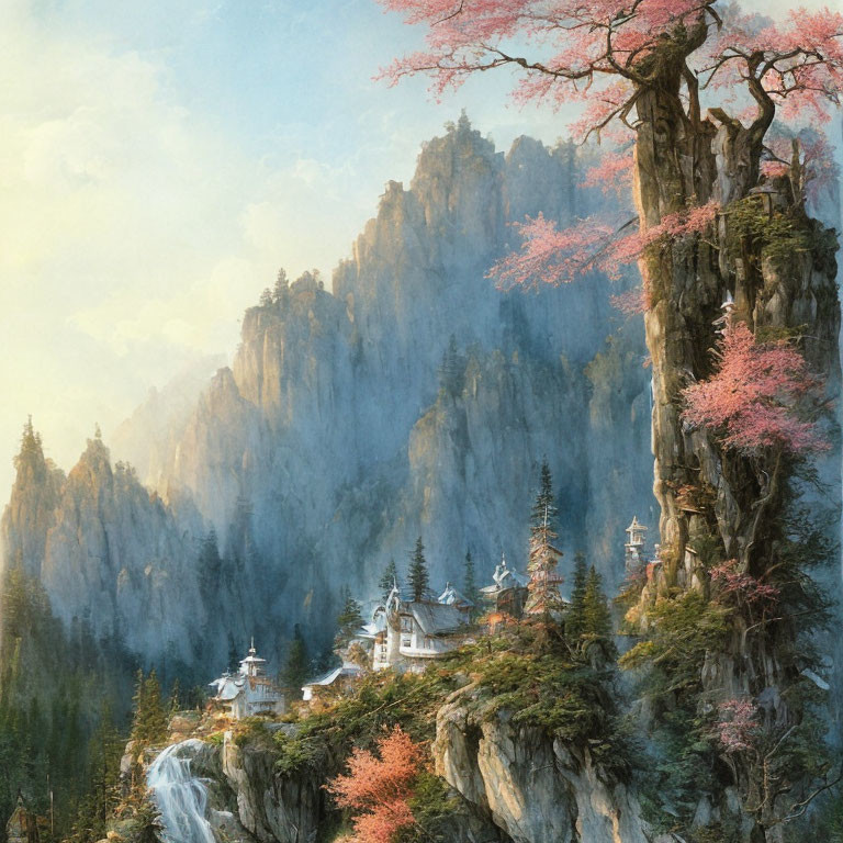 Tranquil landscape with waterfall, temples, cliffs, and blossom trees