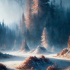 Sunlit pine trees in misty forest scene