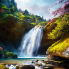 Autumn Waterfall Scene with Vibrant Foliage and Misty Air