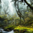 Tranquil Forest Scene with Moss-Covered Trees and Sunlight