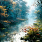Misty forest with river, ethereal light, autumn colors