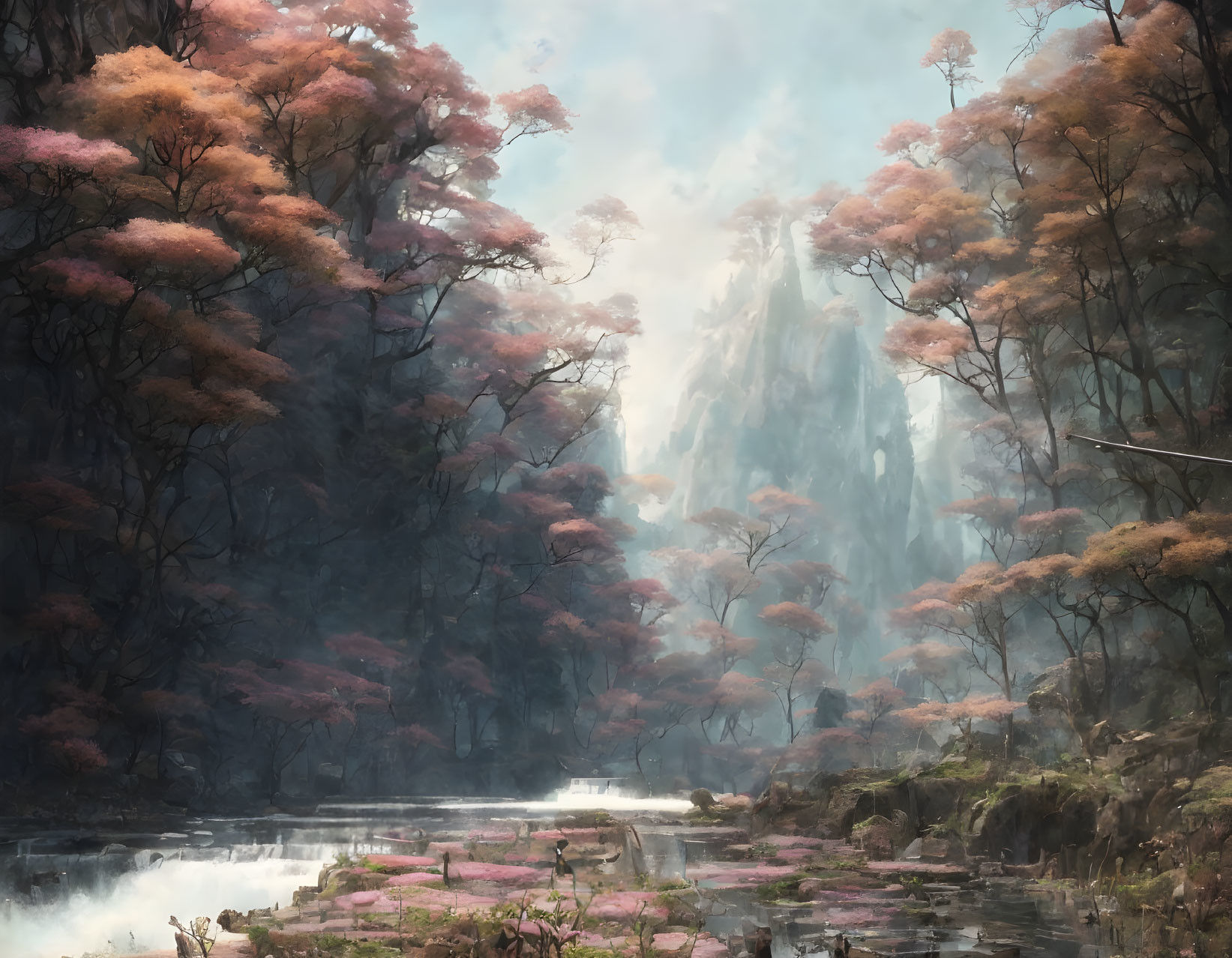 Pink Foliage and Serene River in Mystical Forest Landscape