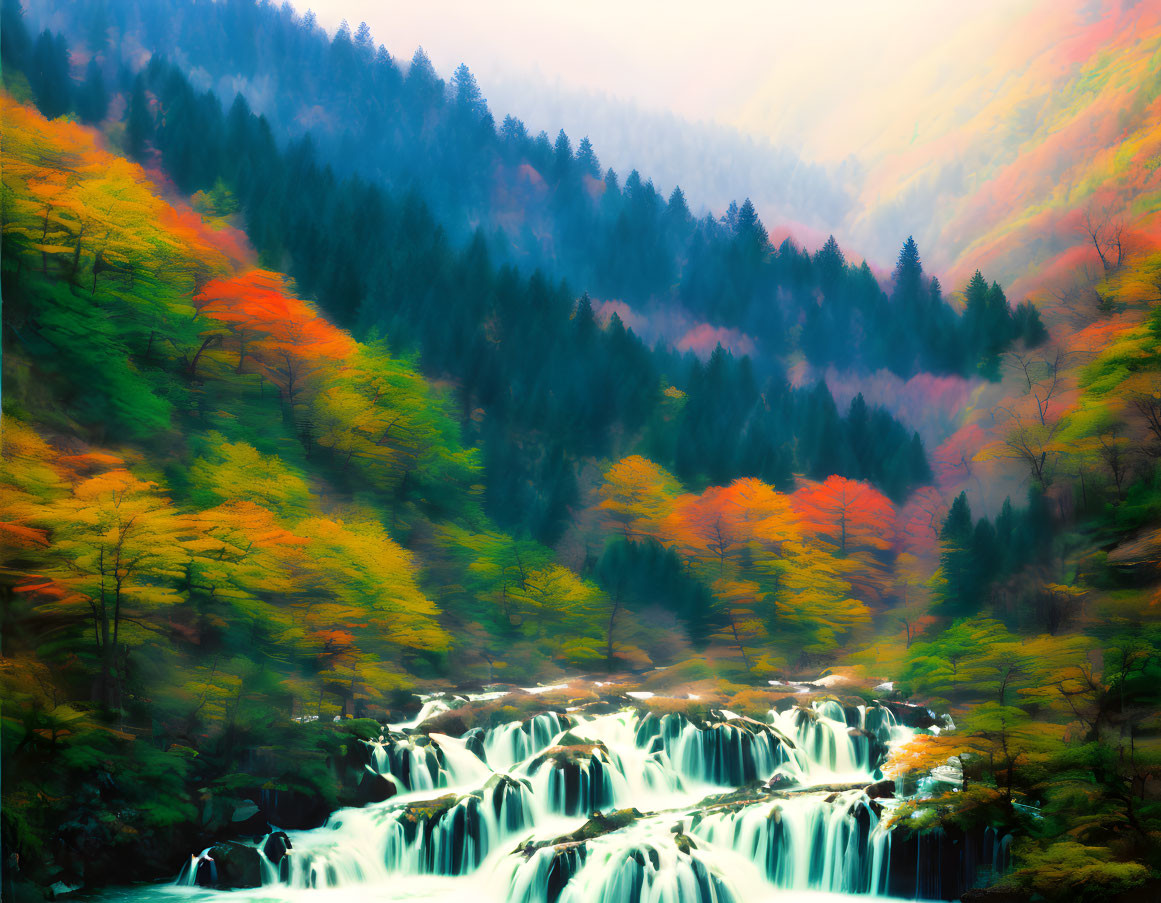 Ethereal autumn landscape with cascading waterfall in misty forest