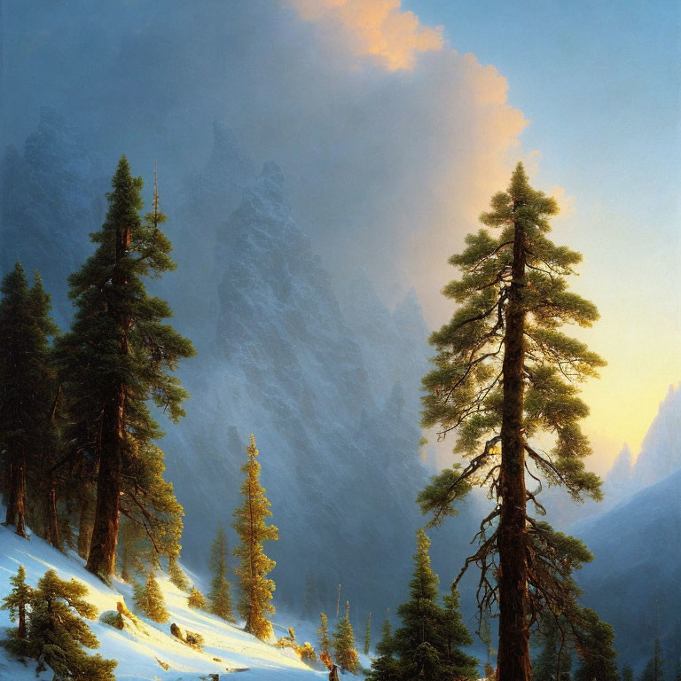 Snowy Mountain Landscape with Pine Trees and Misty Peaks at Dawn or Dusk