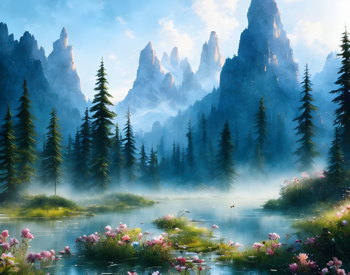 Misty lake, evergreen trees, pink flowers, rocky mountains landscape