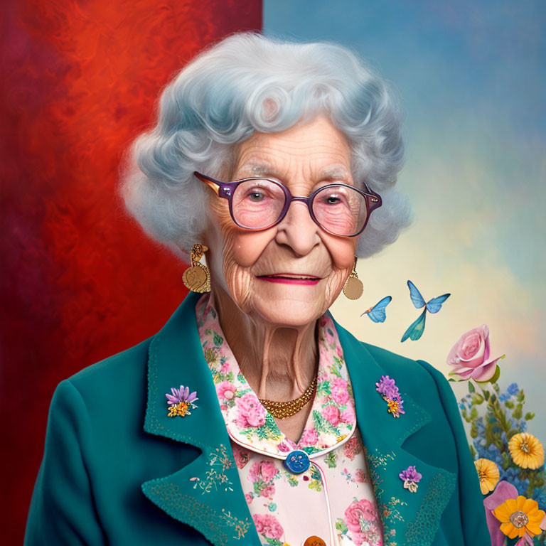 Elderly lady in teal jacket and floral blouse with white hair and glasses