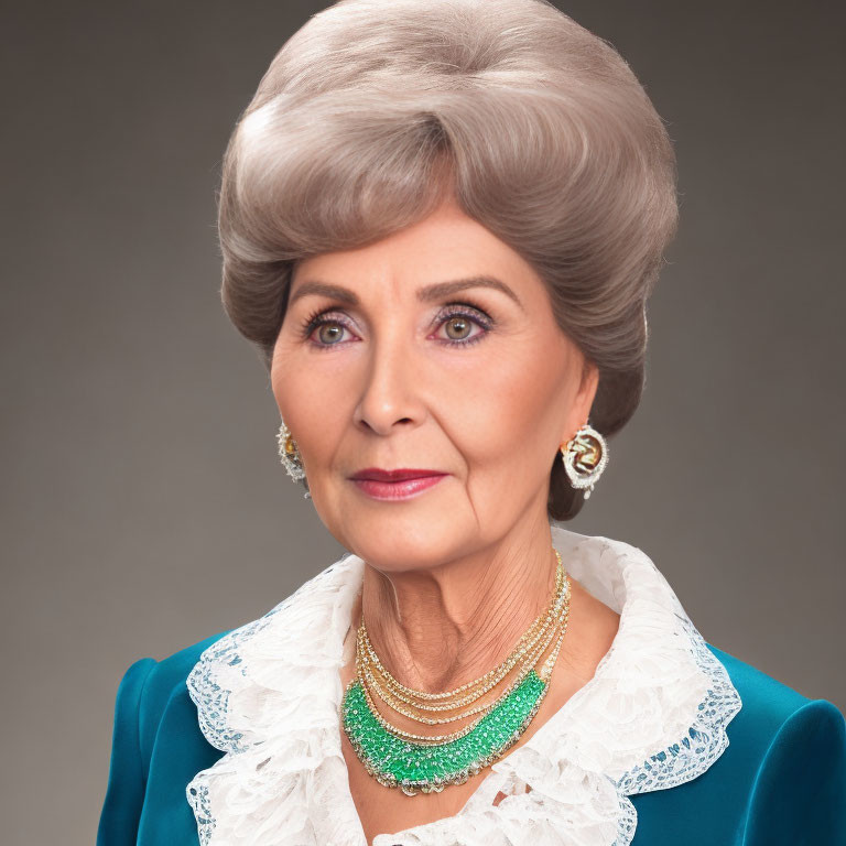 Gray-Haired Elderly Lady in Blue Attire with Pearl Earrings