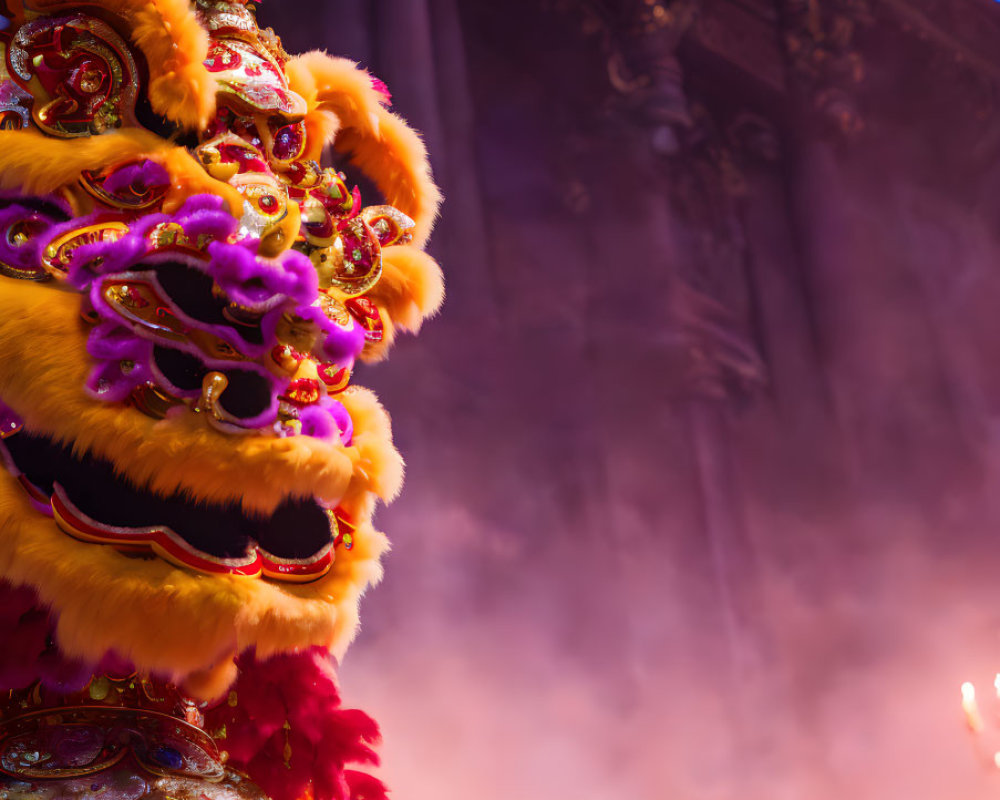 Colorful Chinese Lion Dance Costume with Smoke and Candles at Cultural Event