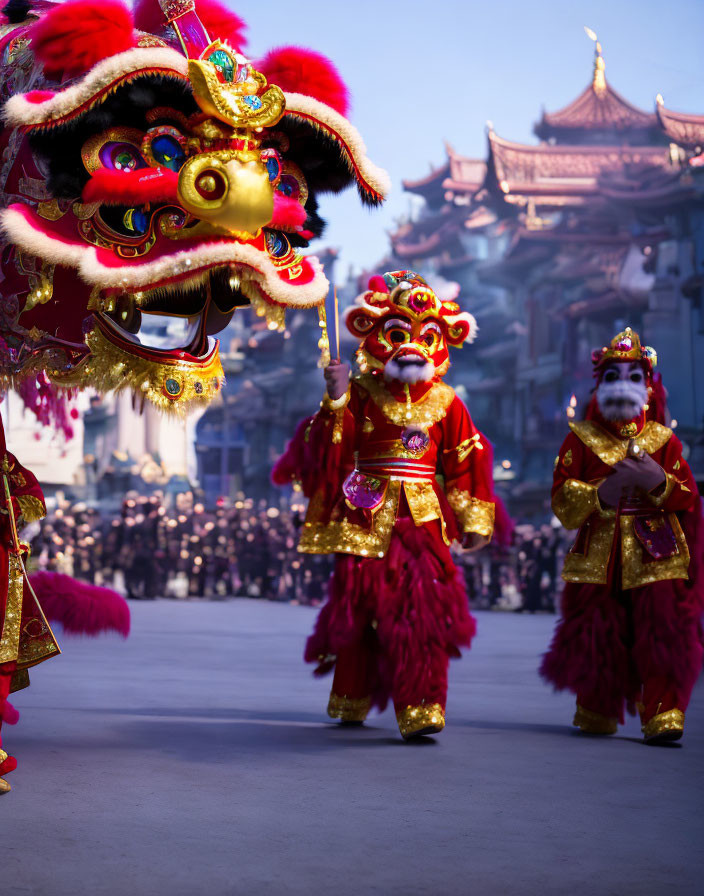 Colorful lion costumes in traditional Chinese lion dance procession with Asian architectural backdrop