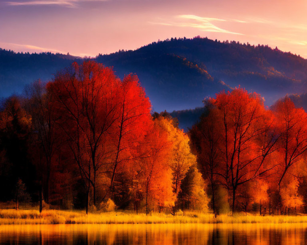 Tranquil Lake Reflects Sunset on Autumn Foliage