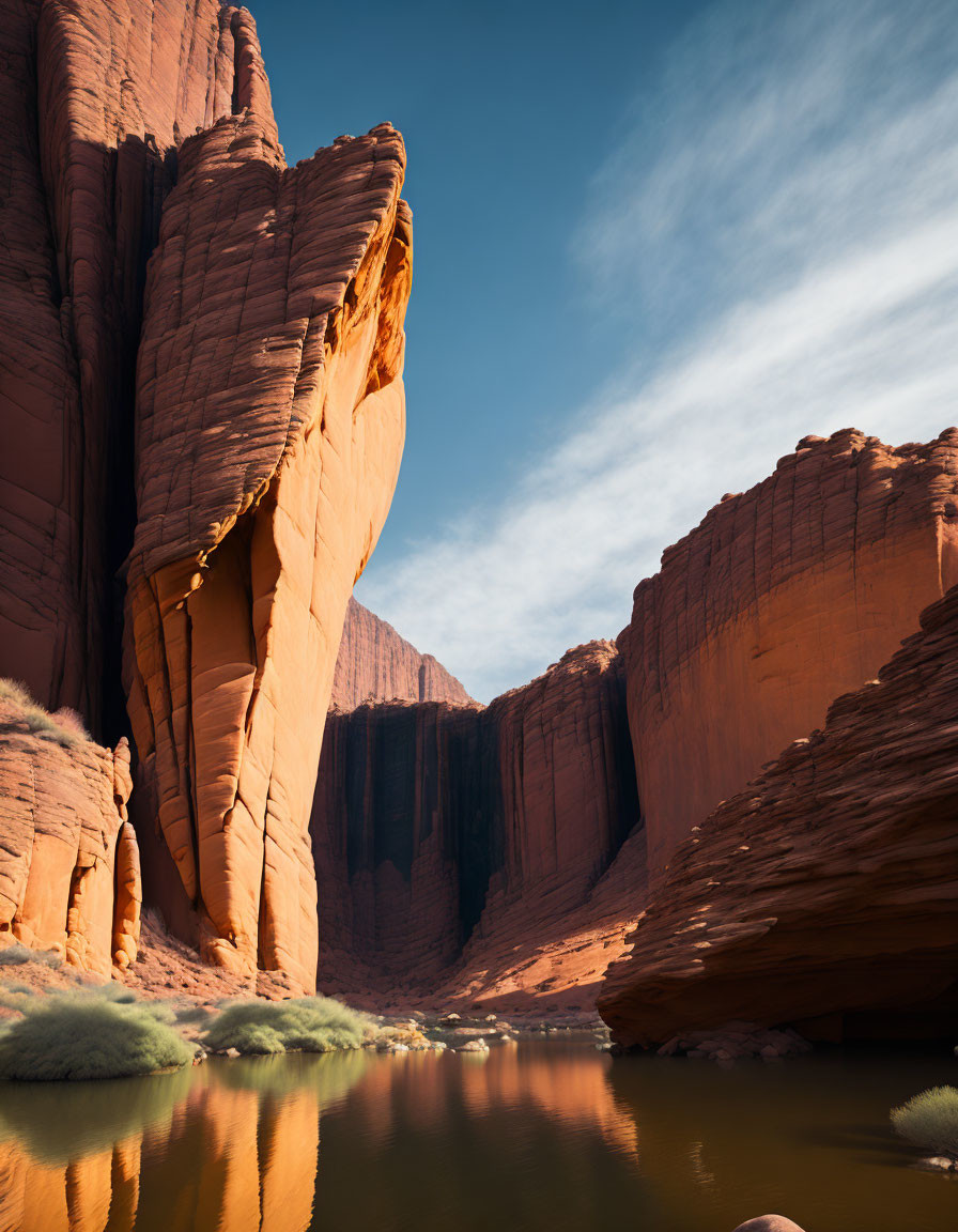 Majestic red sandstone cliffs mirrored in serene water under a blue sky