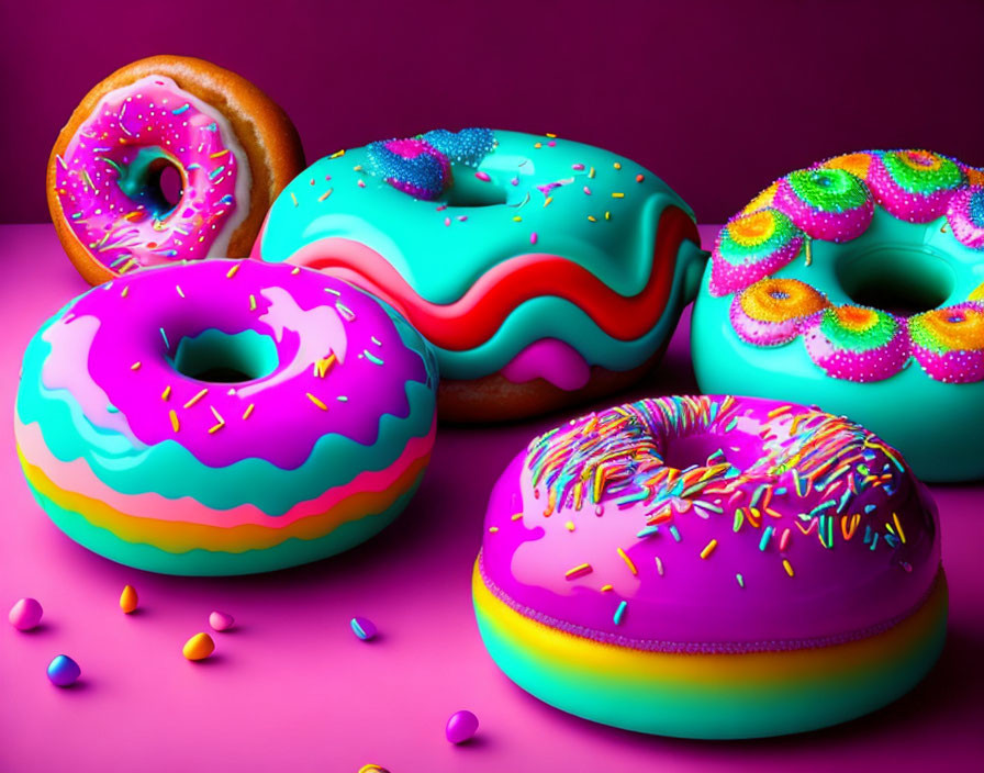 Vibrant digitally-rendered donuts on pink background