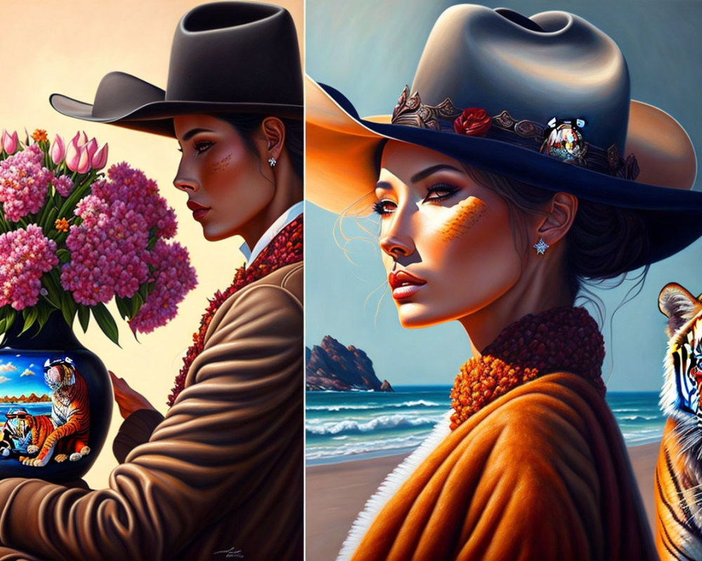 Stylized portraits of woman with cowboy hat, flowers, and tiger-themed background
