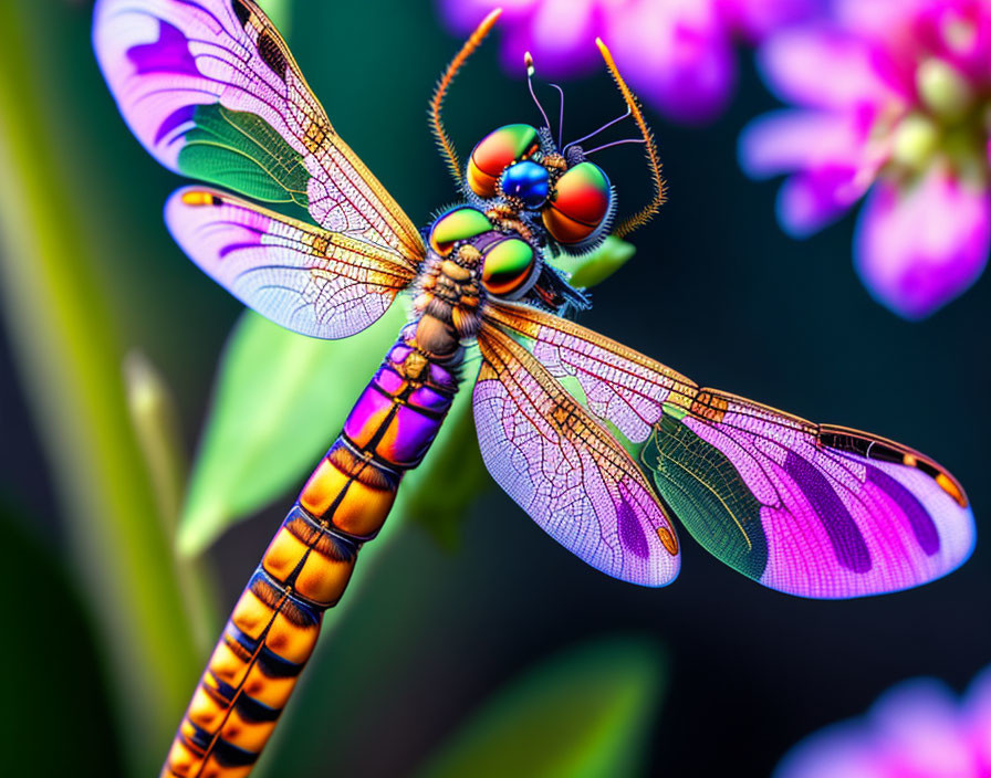 Colorful Dragonfly Resting on Green Stem with Pink Flowers in Background