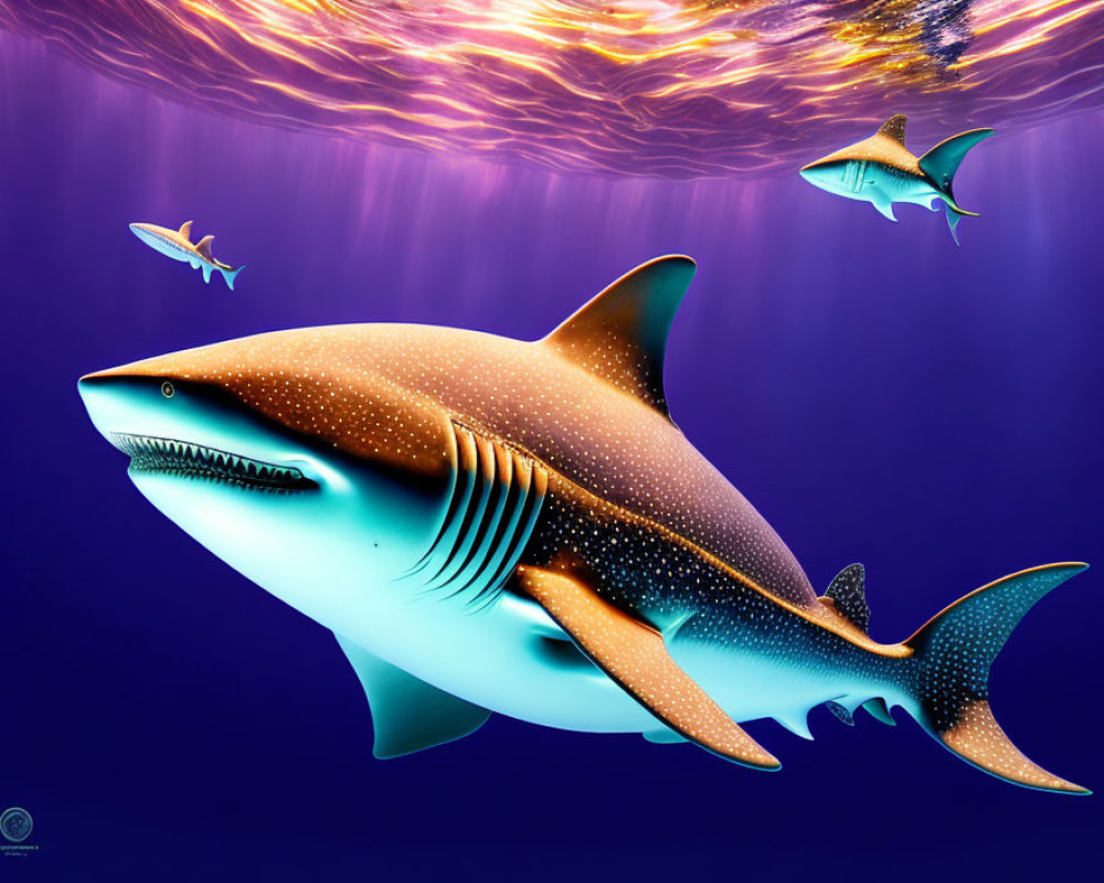 Detailed underwater shark illustration with blue to purple gradient and golden light.