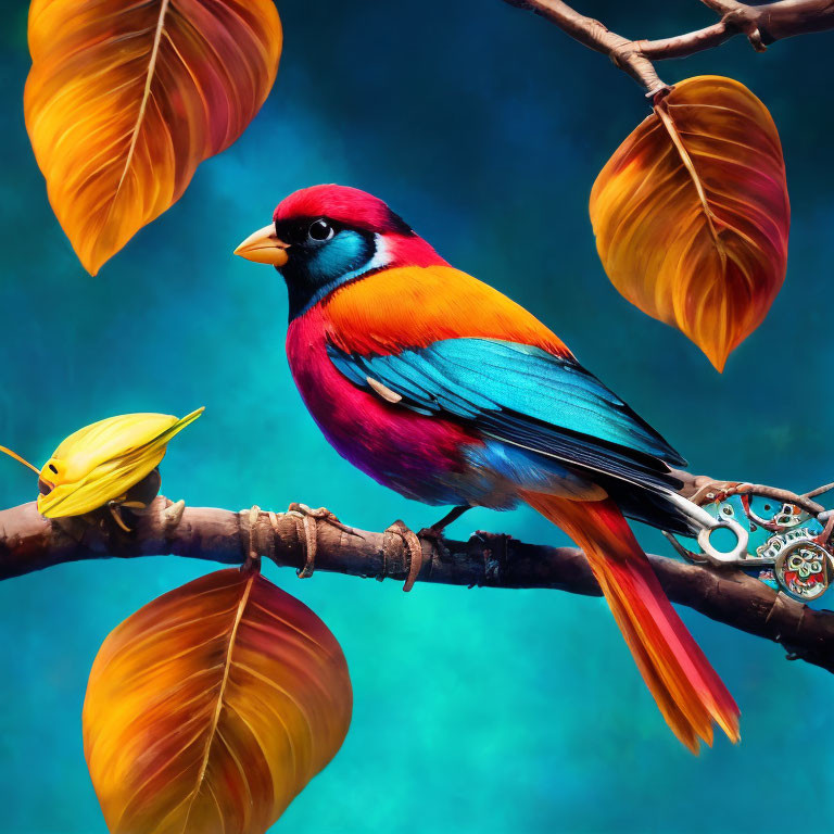 Colorful Mechanical Bird Perched on Autumn Branch Against Blue Background