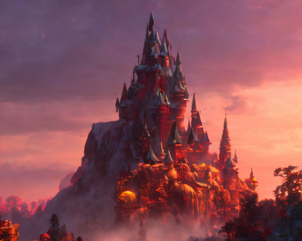 Majestic castle on mountain with sunset sky and mystical forest
