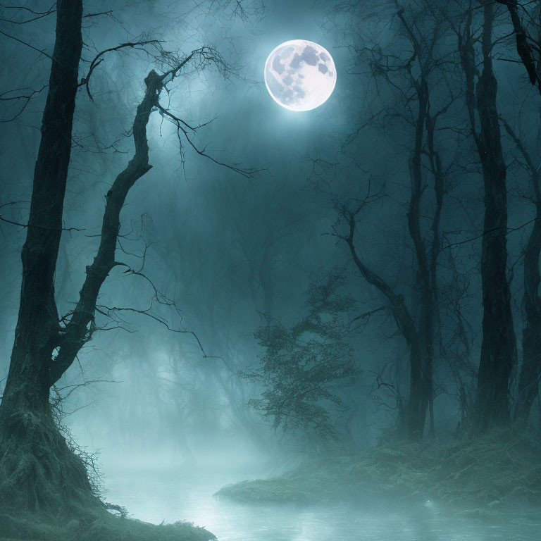 Full Moon Illuminates Misty Forest Scene by Serene River