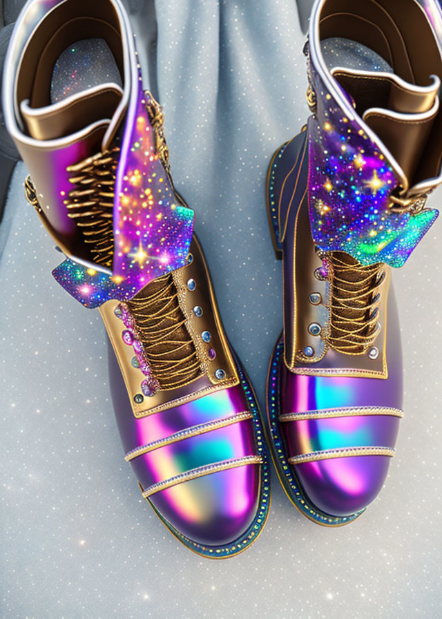 High-Top Boots with Cosmic Design and Gold Laces