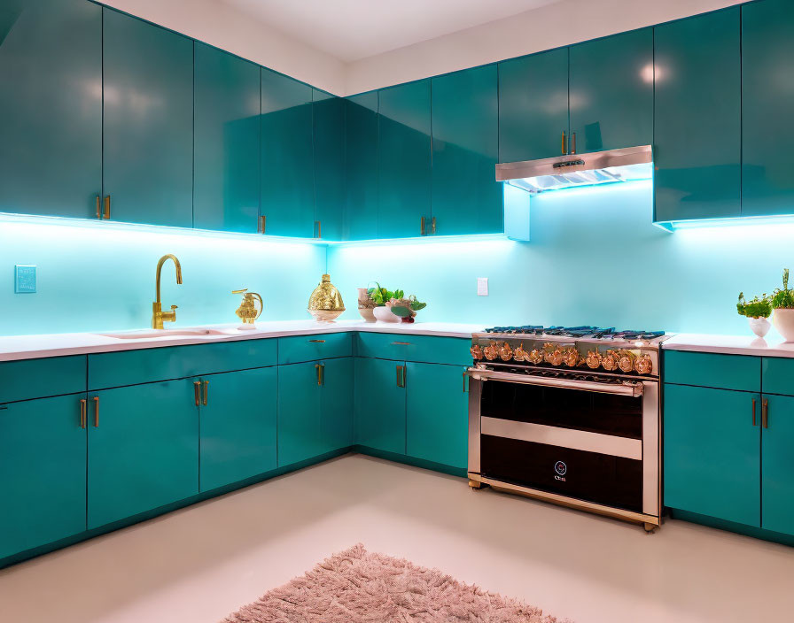 light turquoise high shine cabinets, gold lights 