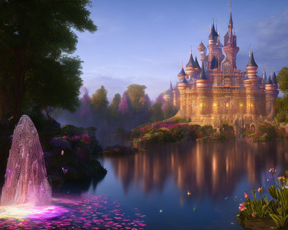 Majestic castle with spires at dusk, reflected in lake with glowing fountain
