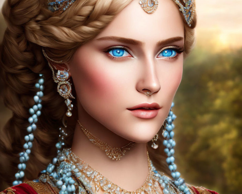 Digital Artwork: Woman with Blue Eyes, Gold Jewelry, Braids, Red Garment