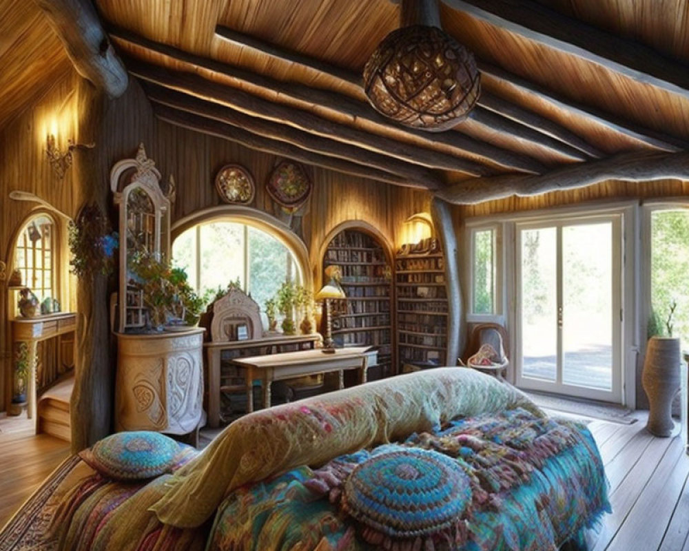 Cozy Hobbit-Inspired Bedroom with Plush Bed, Wooden Architecture, Bookcase, Round