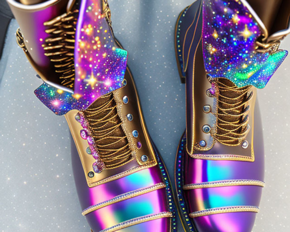 High-Top Boots with Cosmic Design and Gold Laces