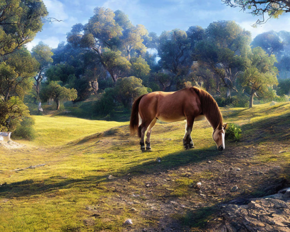 Horse grazing in serene forest clearing surrounded by lush green trees