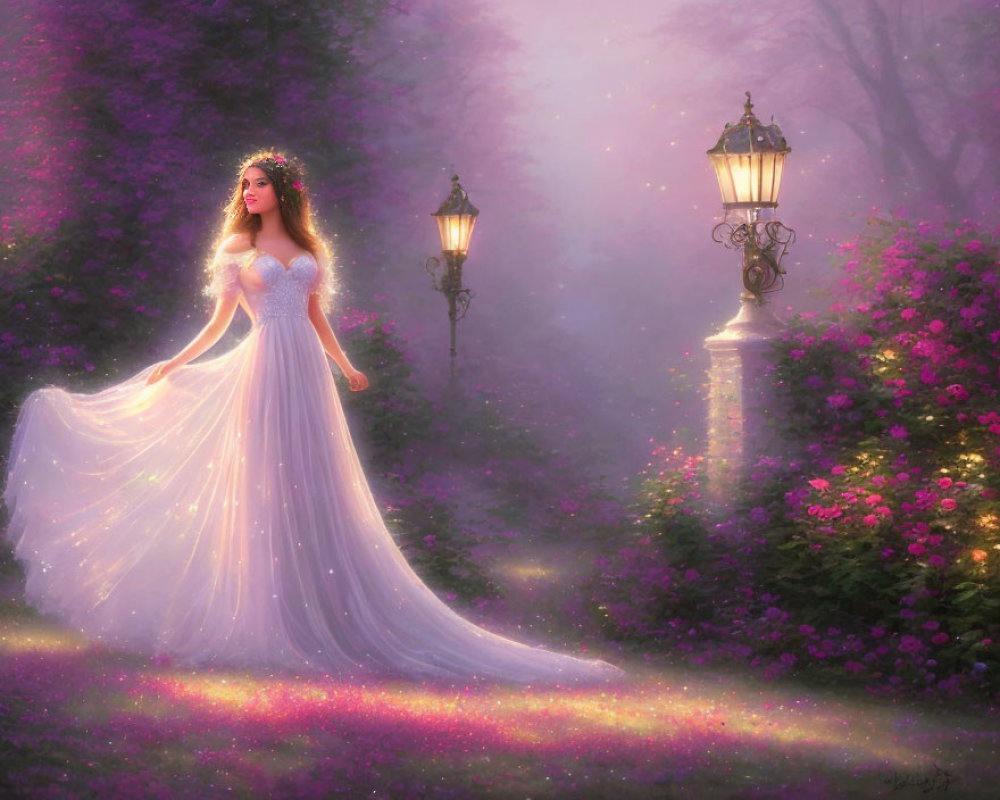 Woman in glowing white dress surrounded by blooming flowers and vintage street lamps in misty forest