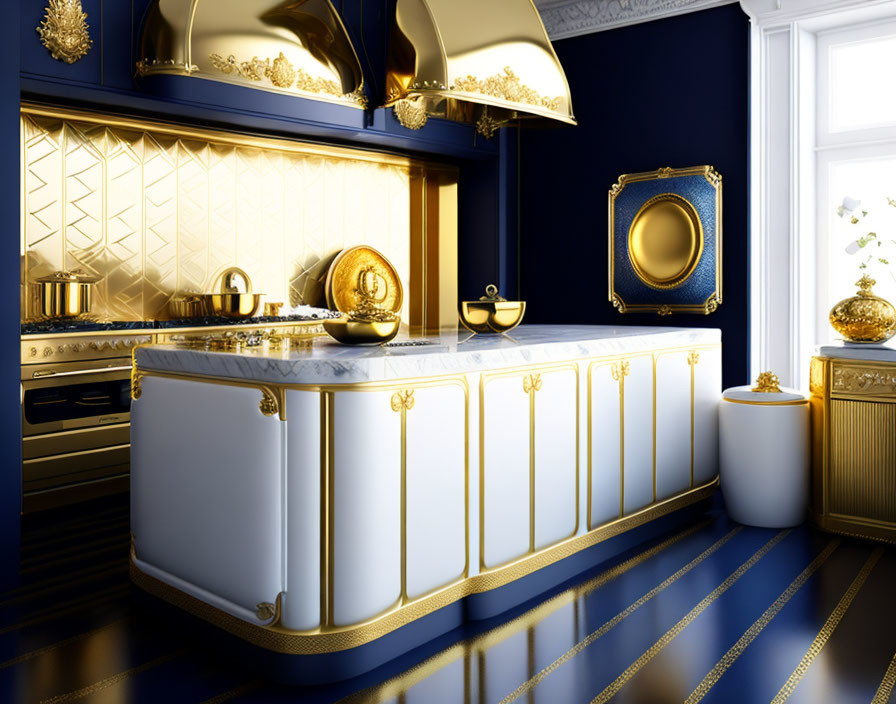 royalty style kitchen blues, whites, golds 