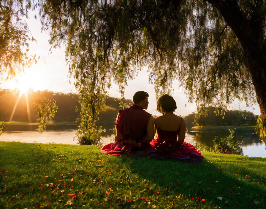 Sunset scene: Two people under tree by lake with fallen leaves.