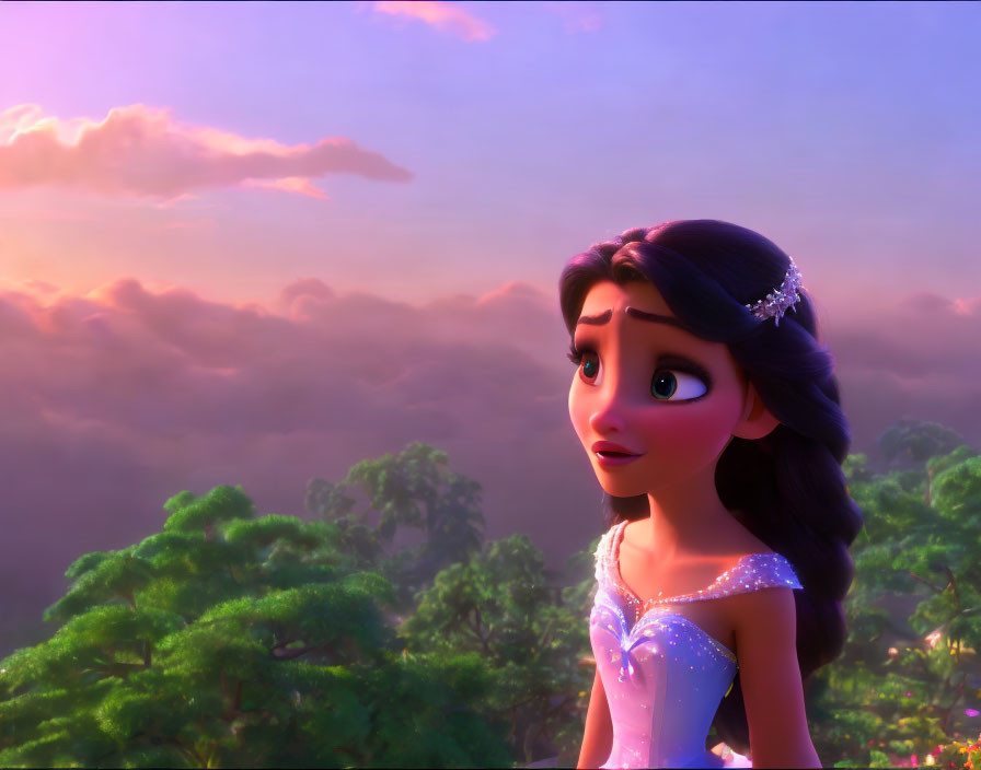 Dark-haired princess in tiara gazes at sunset sky