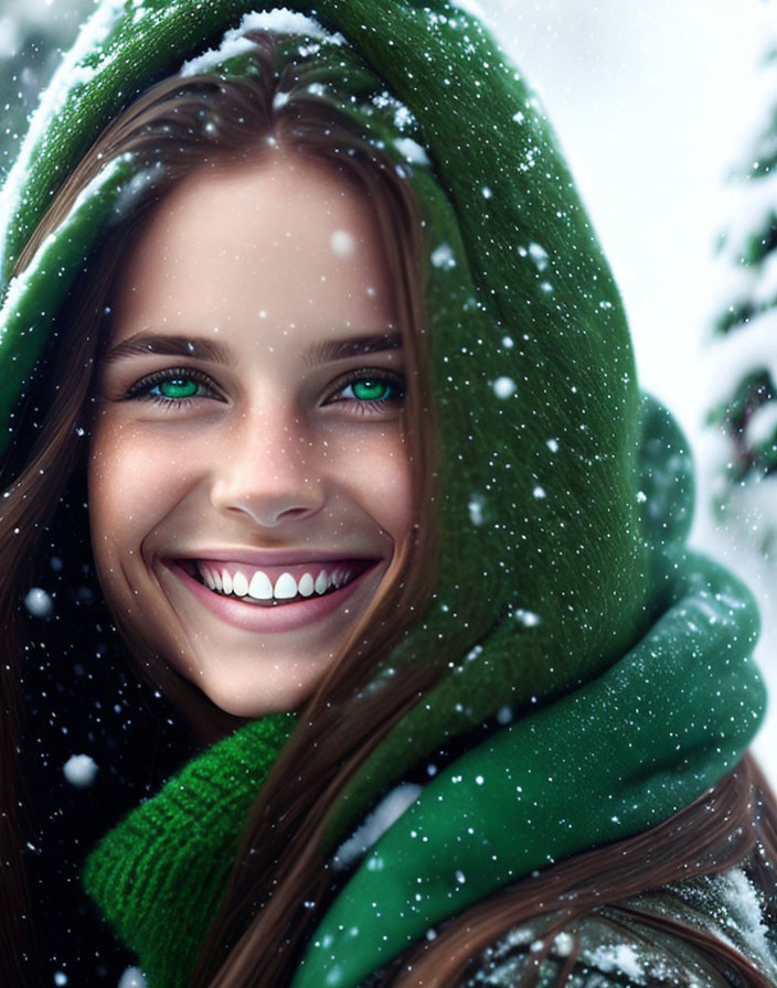 Smiling woman in green hooded garment with snowflakes