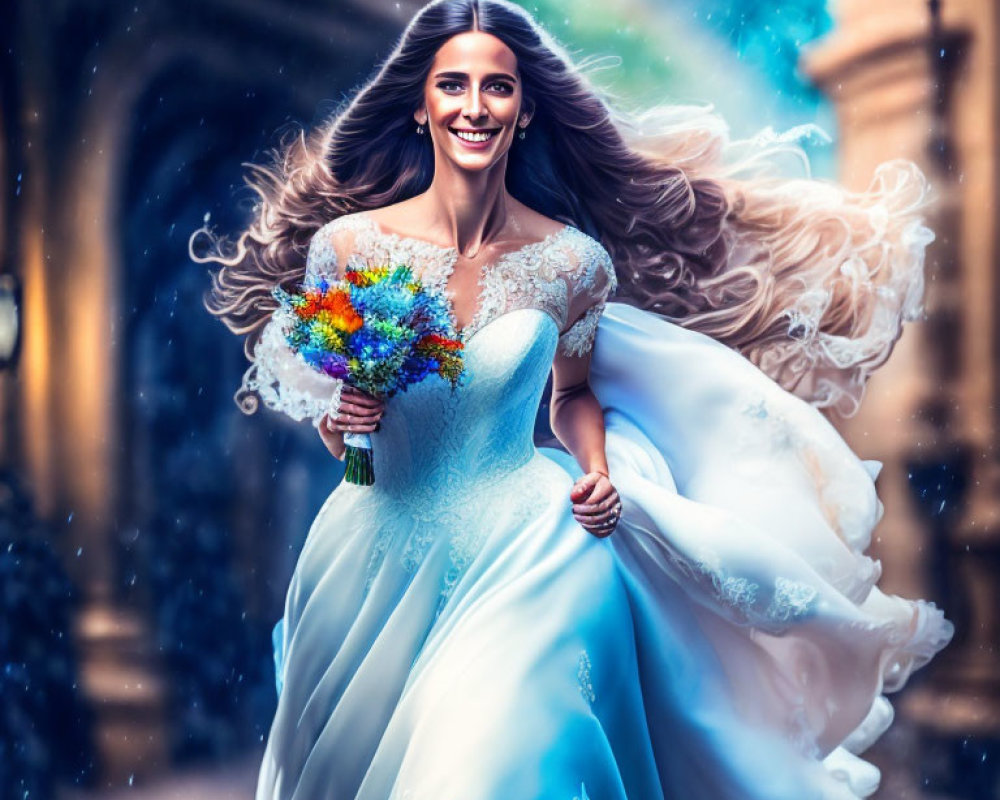 Joyful bride with flowing hair and colorful bouquet in cobblestone alleyway