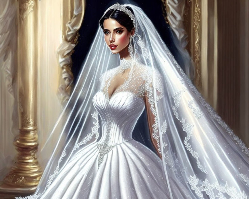 Elegant bride in white gown with lace details and tiara