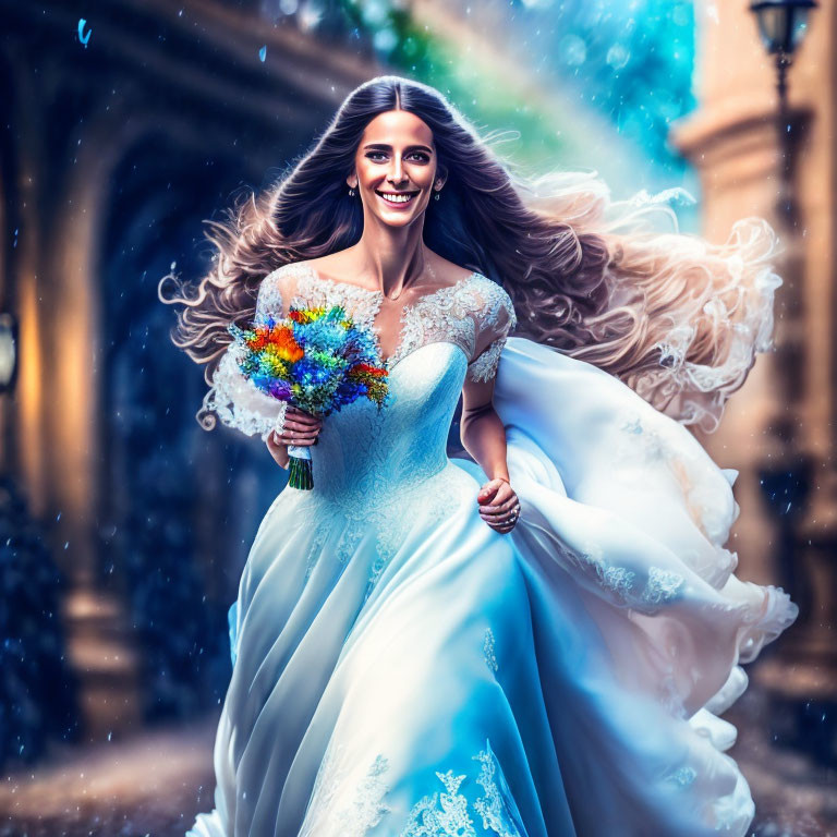 Joyful bride with flowing hair and colorful bouquet in cobblestone alleyway