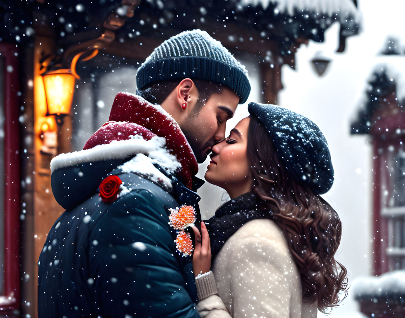 Romantic couple kissing in winter attire with lantern and snowflakes.