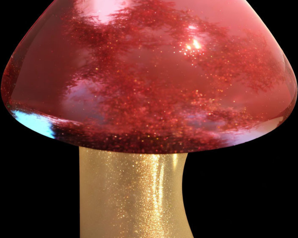 Red Glittery Cap and Gold Sparkling Stem Mushroom on Black Background