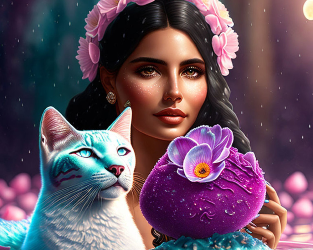 Woman with floral crown and blue-eyed cat in magical starry scene