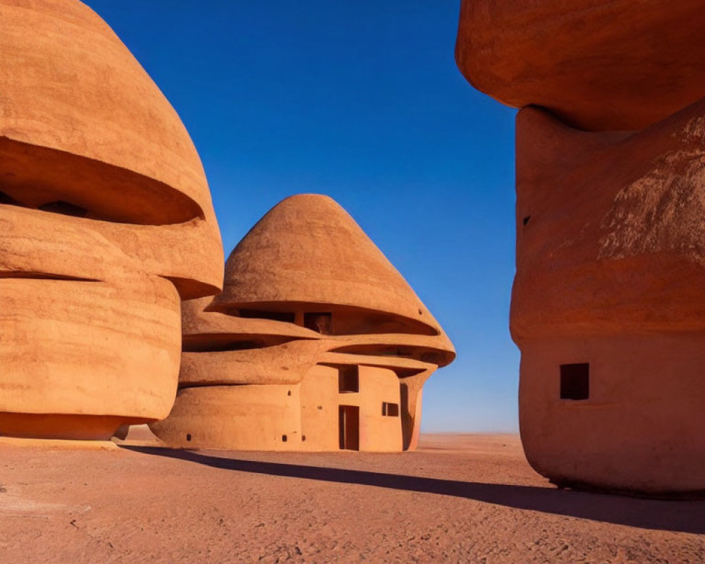 Sandstone structures in desert under clear blue sky
