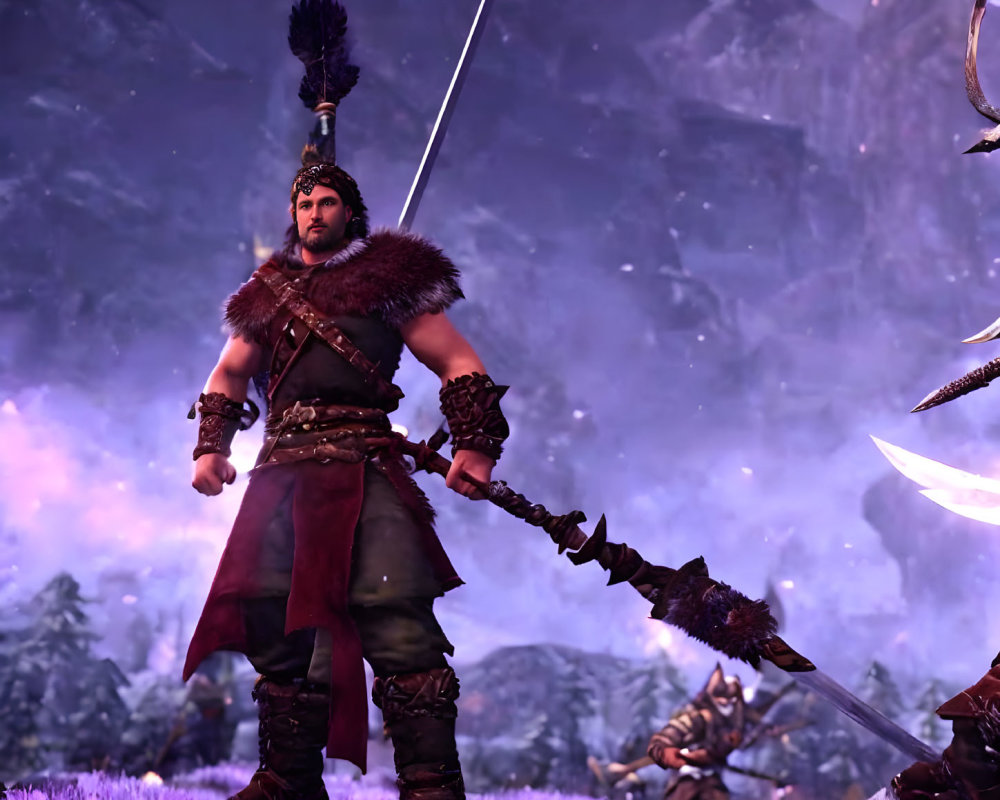 Fantasy warrior in fur armor with spear in snowy mountain scene