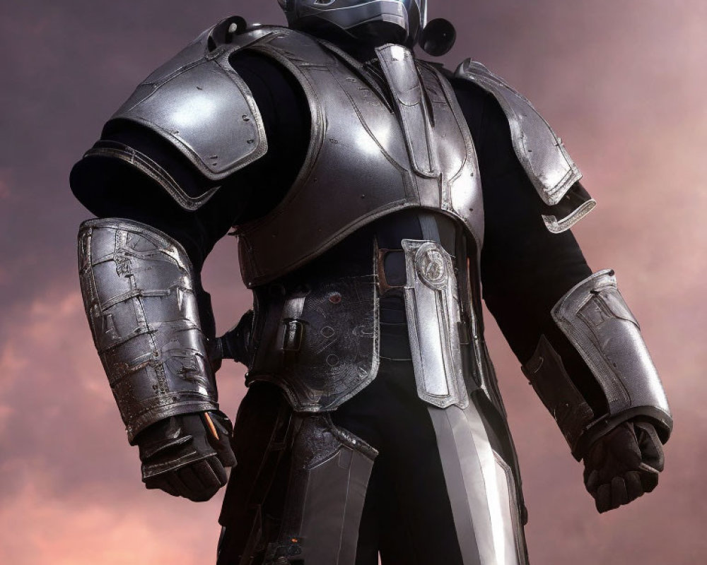 Futuristic knight in metallic armor with glowing blue eyes against pink sky