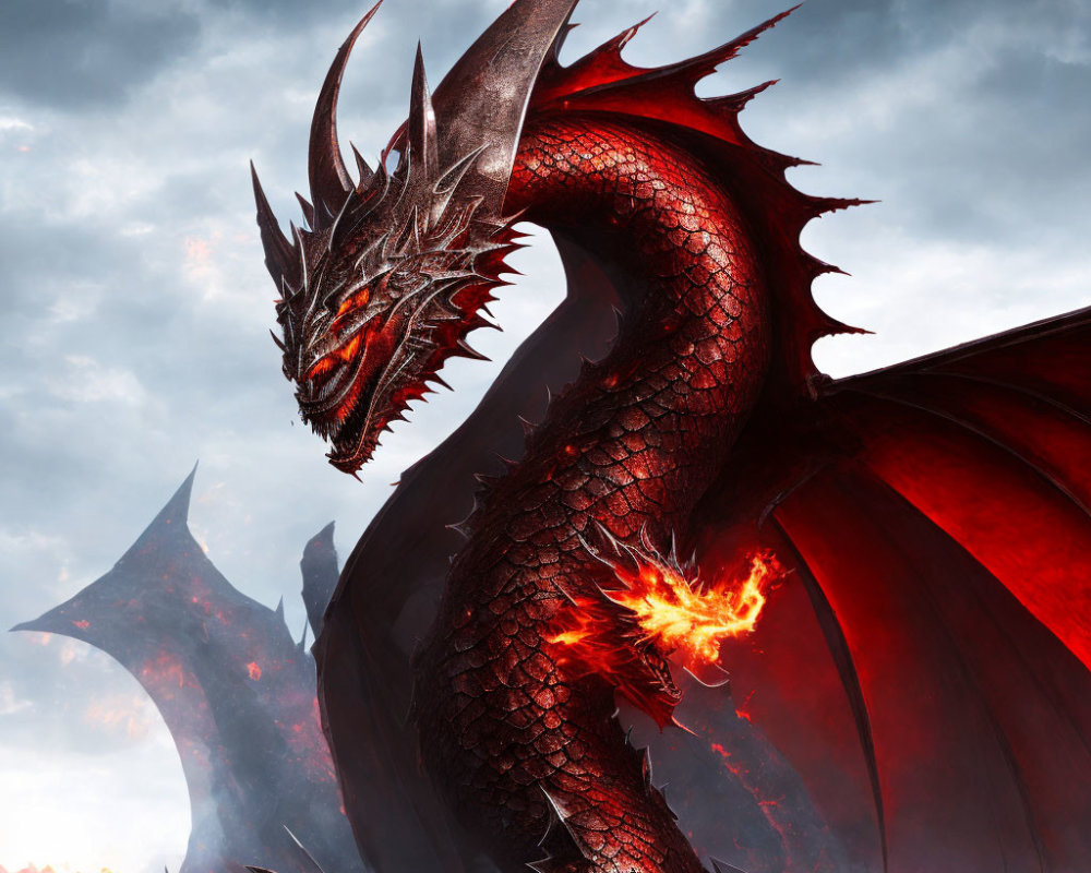 Red-Black Dragon with Glowing Eyes Breathing Fire in Stormy Sky