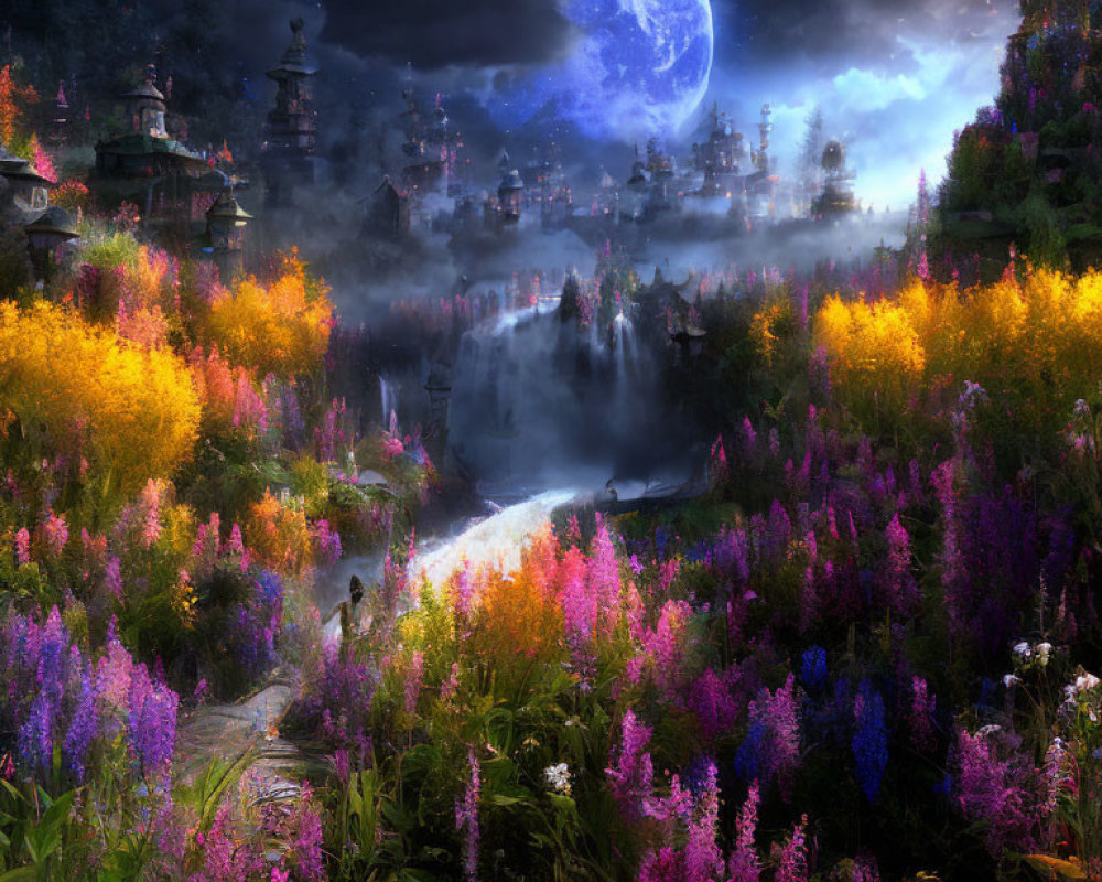 Nighttime fantasy landscape with moon, traditional buildings, waterfall, and luminous flowers