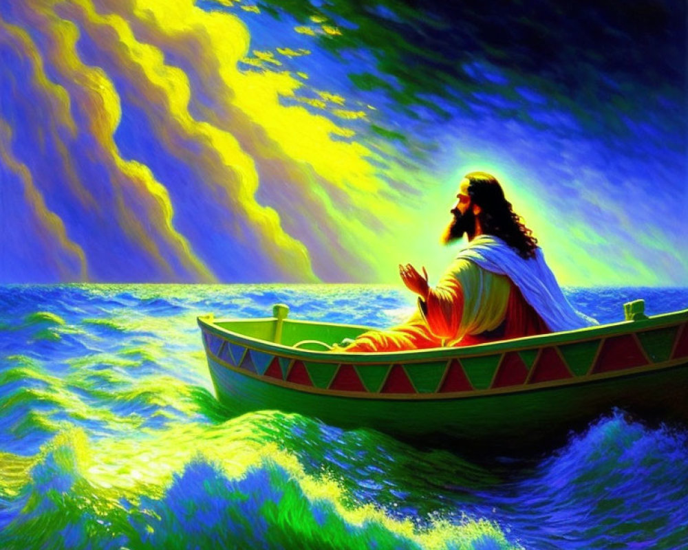 Man with long hair in robe peacefully sitting in boat on turbulent sea under yellow-streaked sky