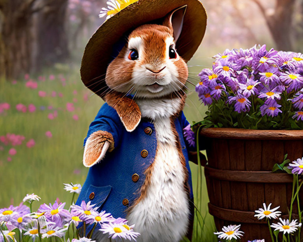 Illustrated rabbit in hat and coat by purple flowers in vibrant meadow