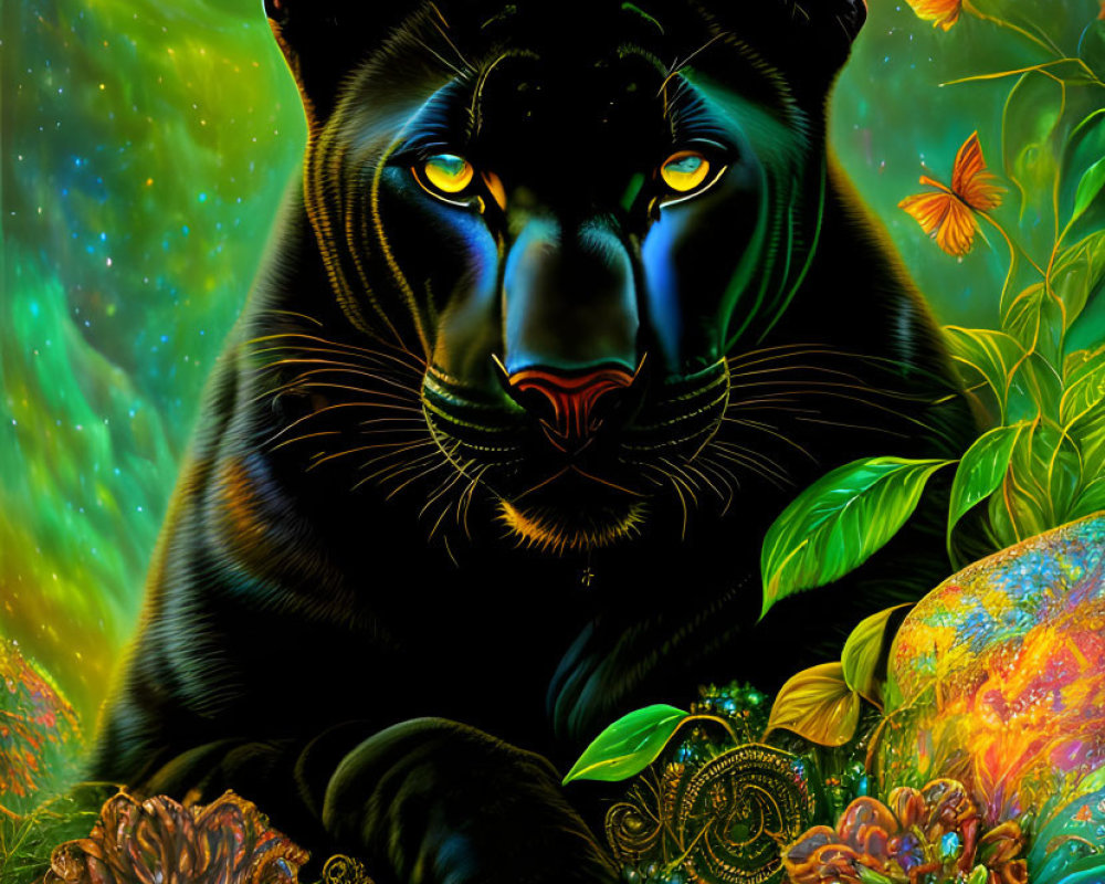 Digital art: Black panther with blue eyes in colorful jungle