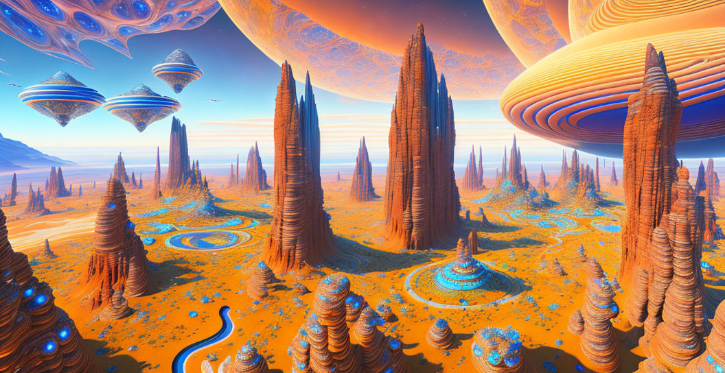 Alien landscape with towering rocks, blue lakes, ringed planets, and floating structures