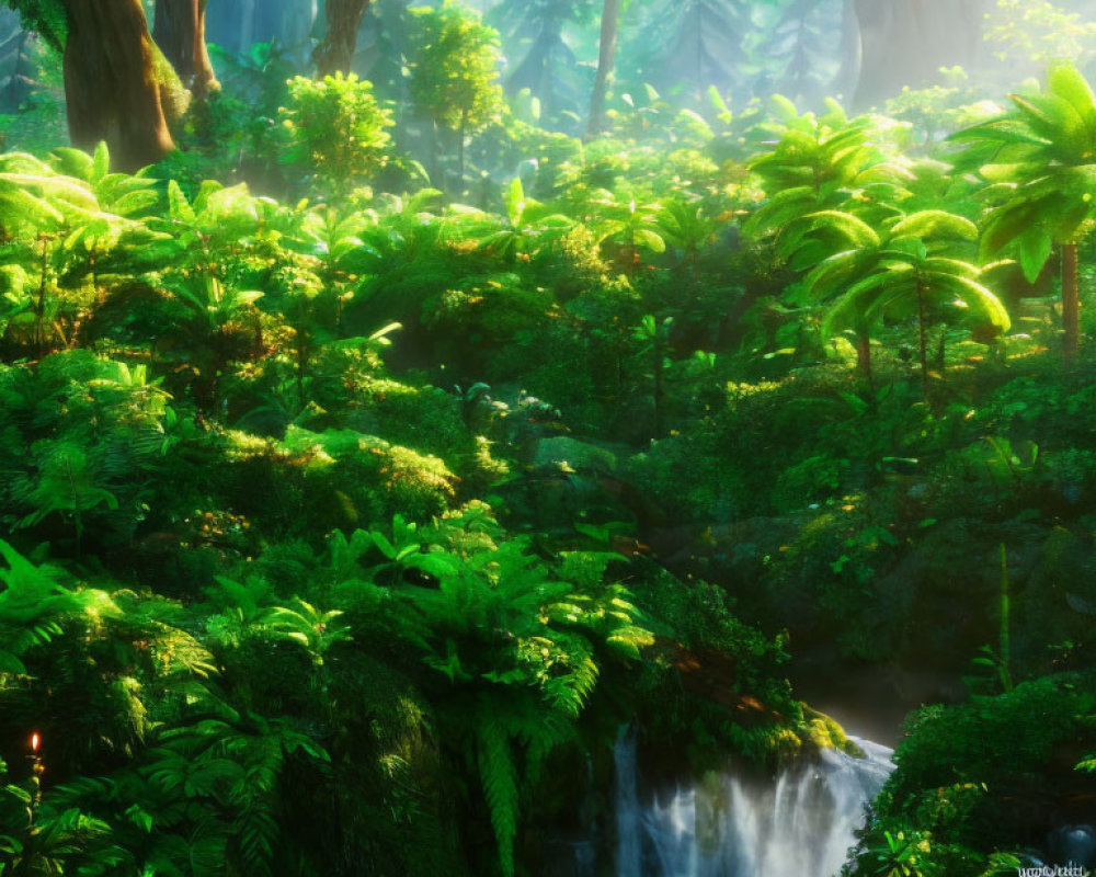 Serene waterfall in lush green forest with dense ferns